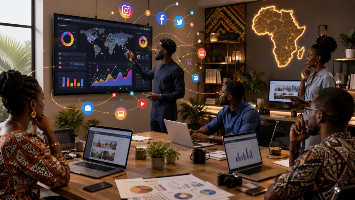 Équipe marketing présentant un tableau de bord de croissance digitale